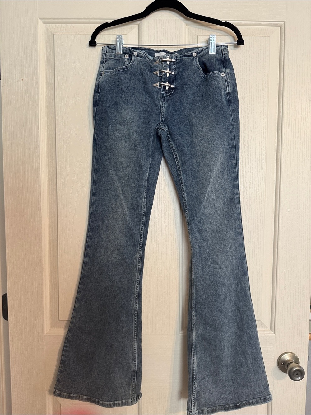 The Ragged Priest Washed Blue Flared Jeans with Buckle Closure Front